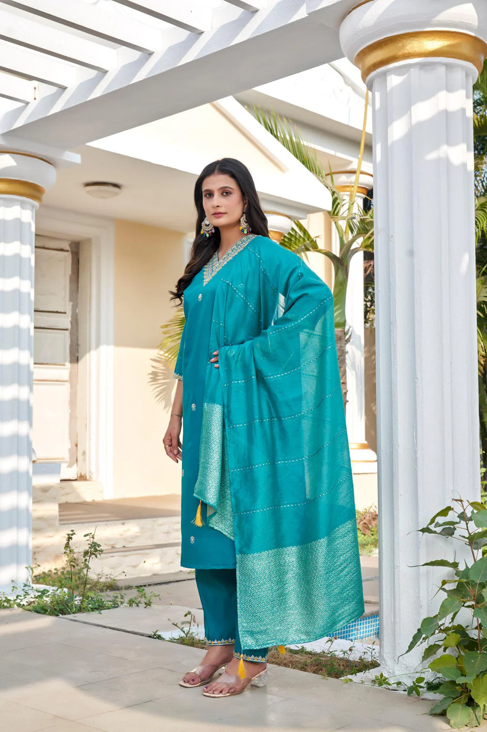 Dixz Fashion Roman Silk with Beautiful Embroidery With Sequence Work Kurtis Set