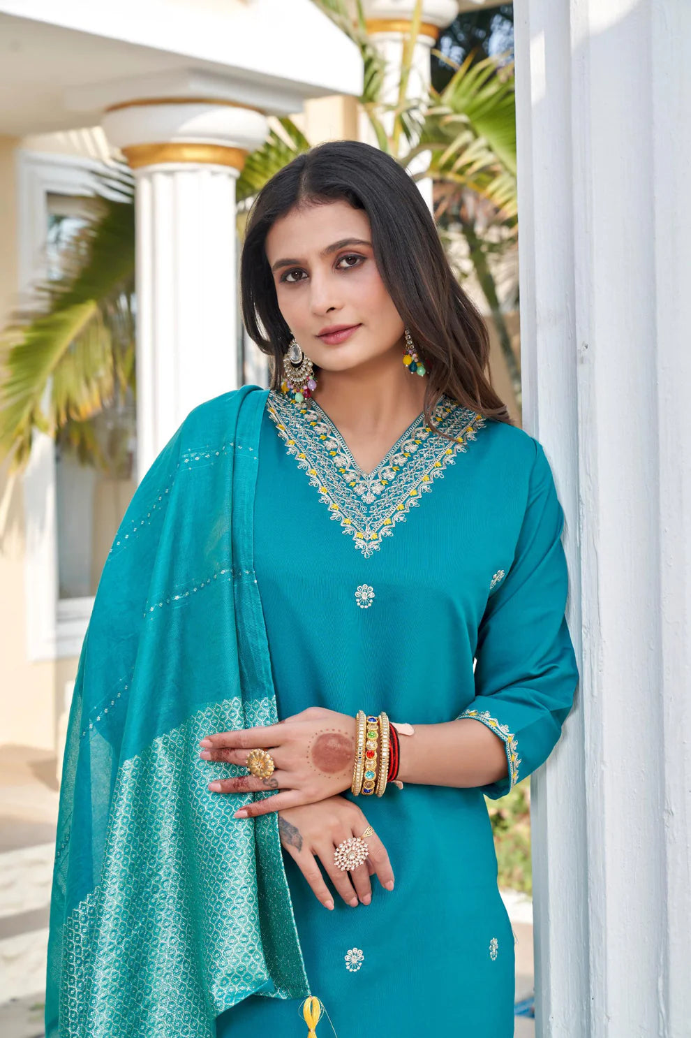 Dixz Fashion Roman Silk with Beautiful Embroidery With Sequence Work Kurtis Set
