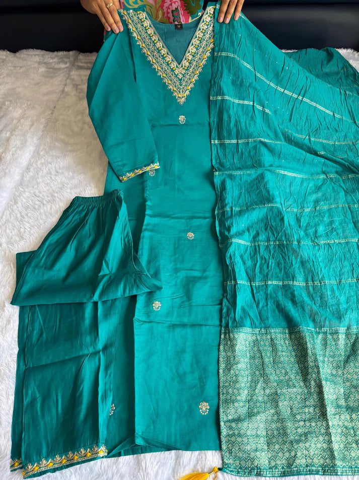 Dixz Fashion Roman Silk with Beautiful Embroidery With Sequence Work Kurtis Set