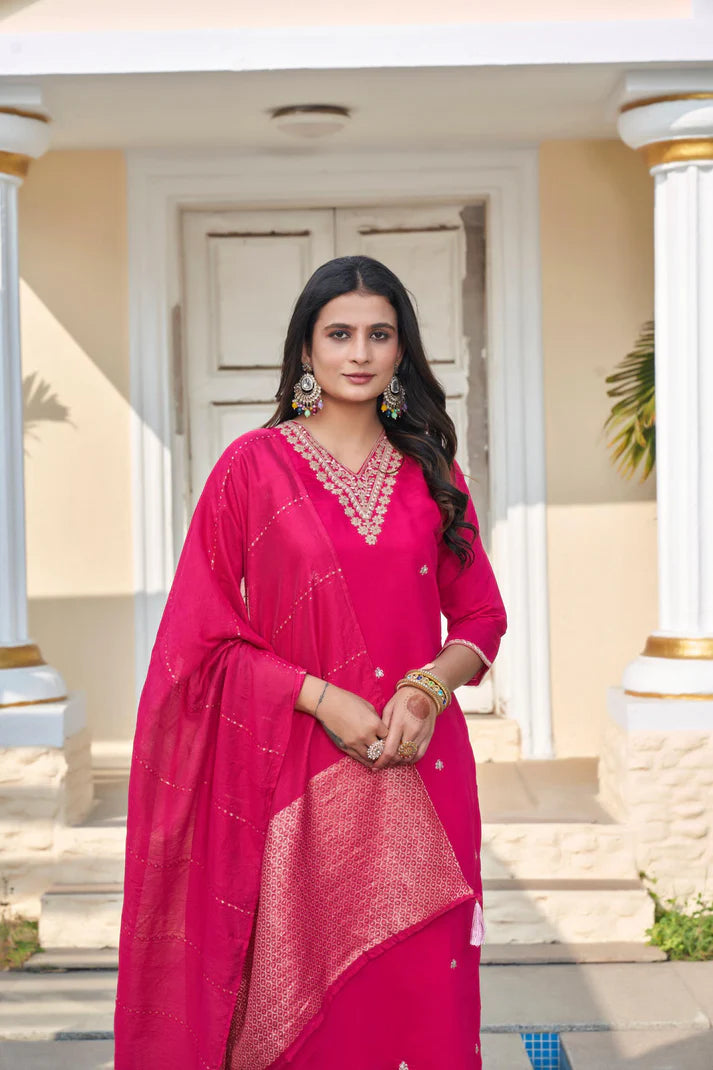 Dixz Fashion Roman Silk with Beautiful Embroidery With Sequence Work Kurtis Set
