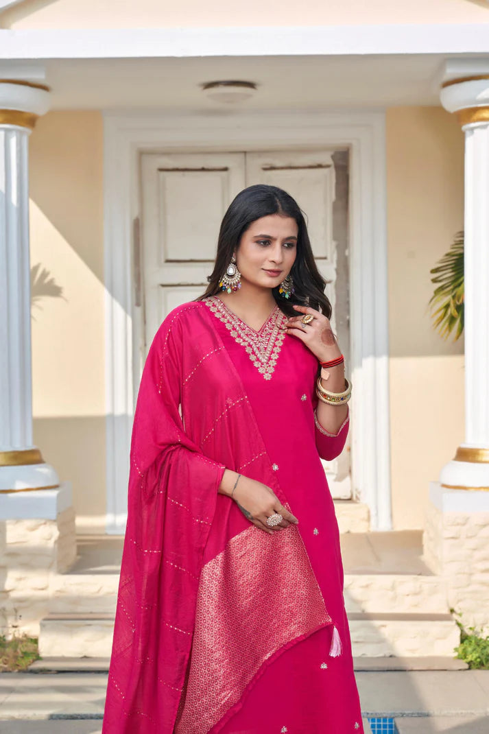 Dixz Fashion Roman Silk with Beautiful Embroidery With Sequence Work Kurtis Set