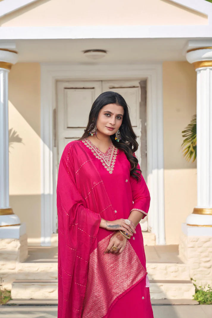 Dixz Fashion Roman Silk with Beautiful Embroidery With Sequence Work Kurtis Set