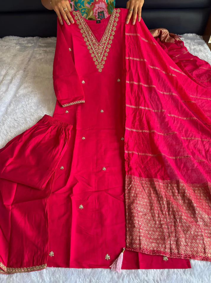 Dixz Fashion Roman Silk with Beautiful Embroidery With Sequence Work Kurtis Set
