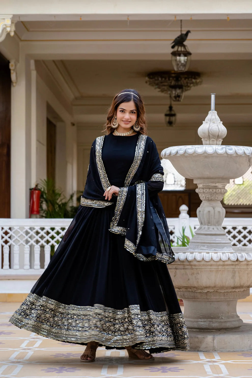 Dixz Fashion Faux Georgette With Sequins and Zari Embroidered Work Gown