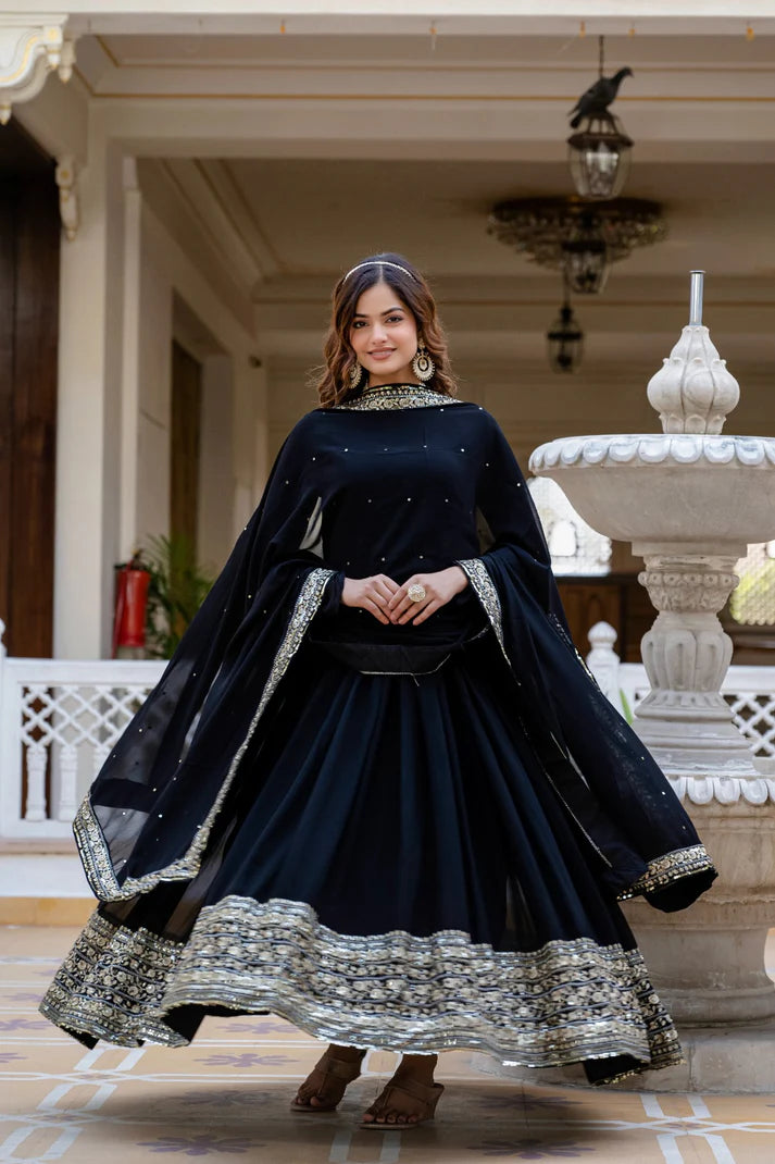 Dixz Fashion Faux Georgette With Sequins and Zari Embroidered Work Gown