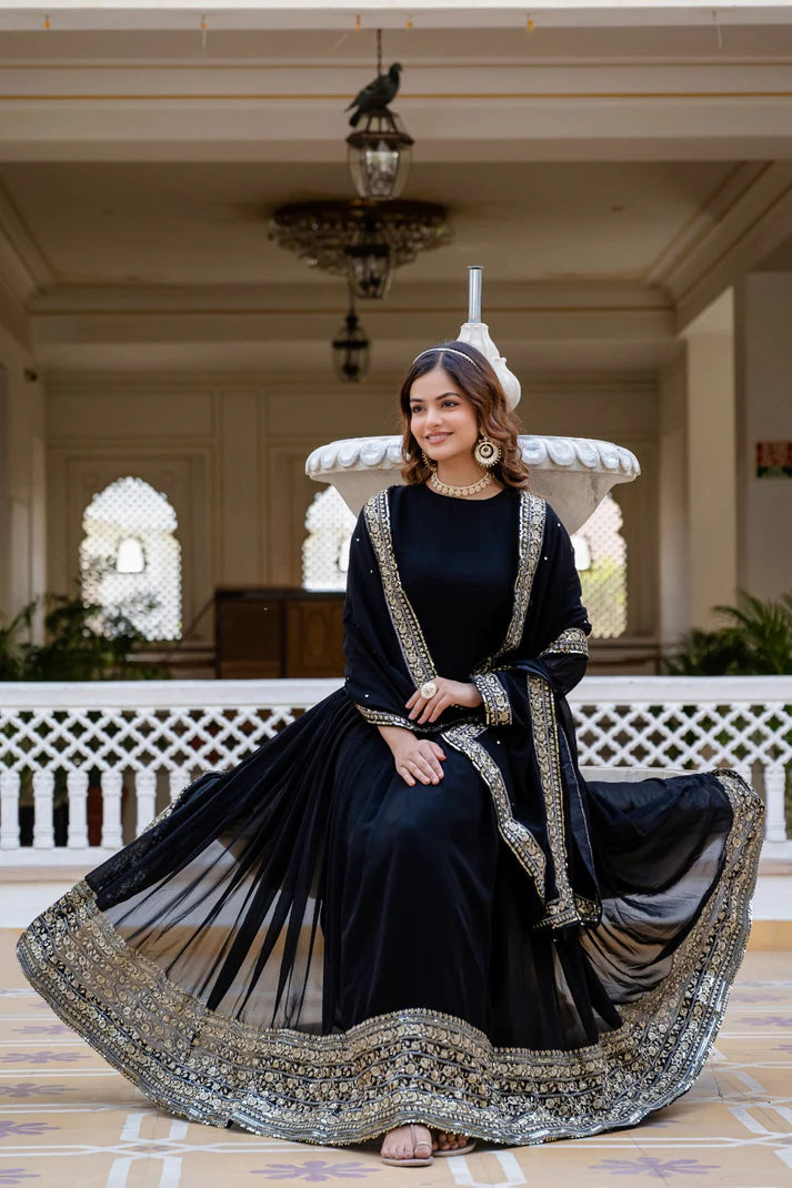 Dixz Fashion Faux Georgette With Sequins and Zari Embroidered Work Gown
