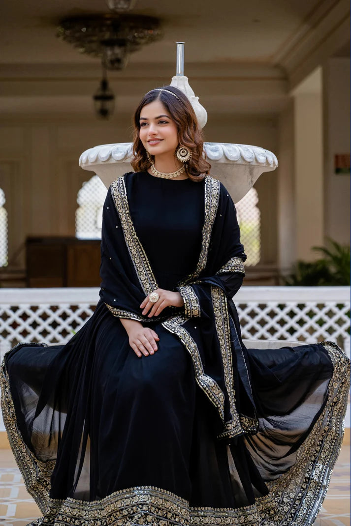 Dixz Fashion Faux Georgette With Sequins and Zari Embroidered Work Gown