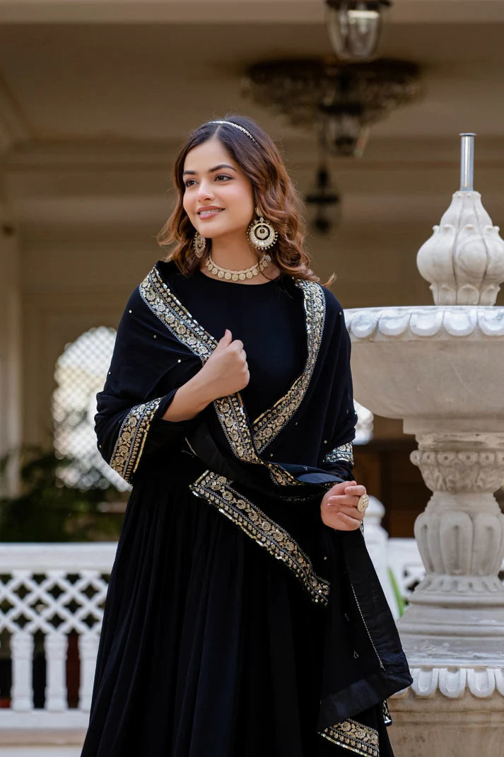 Dixz Fashion Faux Georgette With Sequins and Zari Embroidered Work Gown