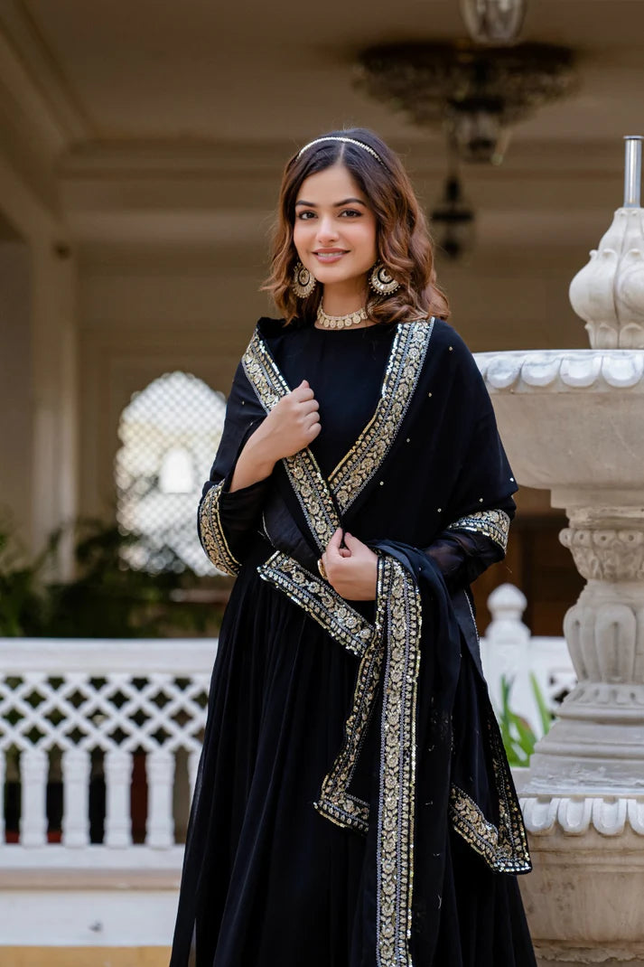 Dixz Fashion Faux Georgette With Sequins and Zari Embroidered Work Gown