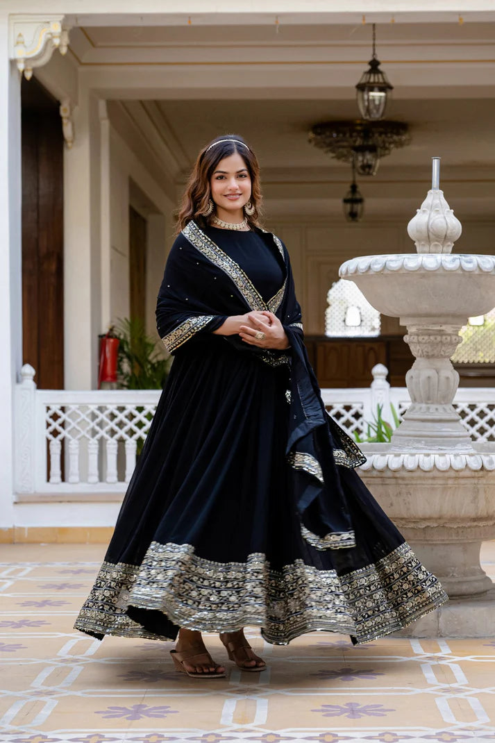 Dixz Fashion Faux Georgette With Sequins and Zari Embroidered Work Gown