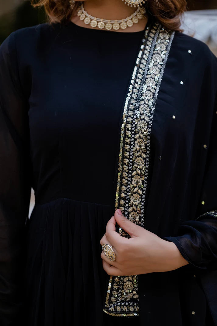 Dixz Fashion Faux Georgette With Sequins and Zari Embroidered Work Gown