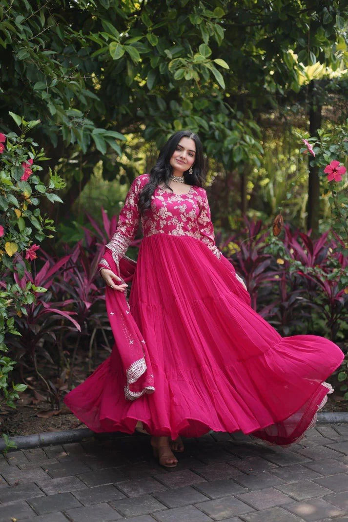 Dixz Fashion Designer Faux Blooming & Viscose Jacquard Frill Gown with Sequins Embroidered Dupatta