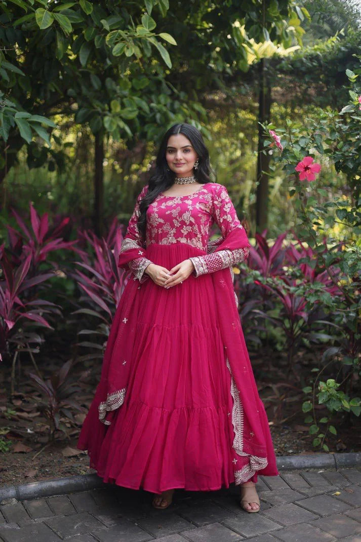 Dixz Fashion Designer Faux Blooming & Viscose Jacquard Frill Gown with Sequins Embroidered Dupatta