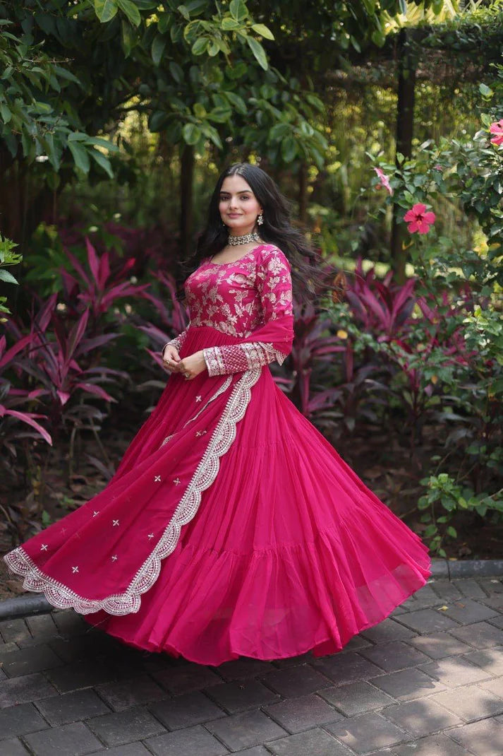 Dixz Fashion Designer Faux Blooming & Viscose Jacquard Frill Gown with Sequins Embroidered Dupatta