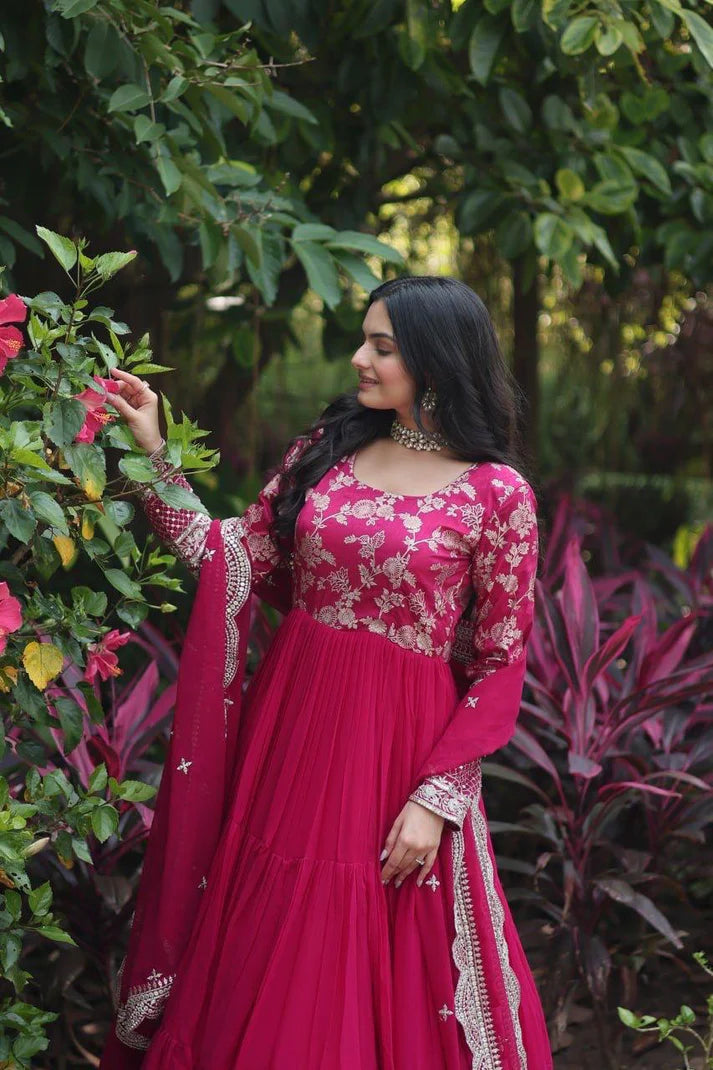 Dixz Fashion Designer Faux Blooming & Viscose Jacquard Frill Gown with Sequins Embroidered Dupatta