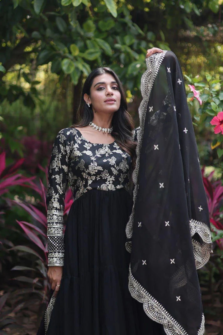 Dixz Fashion Designer Faux Blooming & Viscose Jacquard Frill Gown with Sequins Embroidered Dupatta