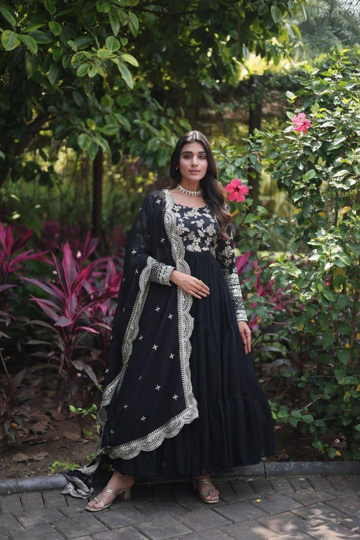 Dixz Fashion Designer Faux Blooming & Viscose Jacquard Frill Gown with Sequins Embroidered Dupatta