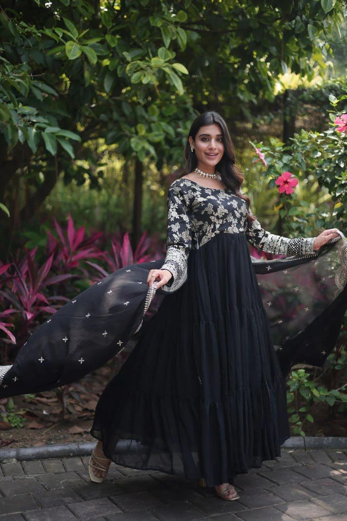 Dixz Fashion Designer Faux Blooming & Viscose Jacquard Frill Gown with Sequins Embroidered Dupatta