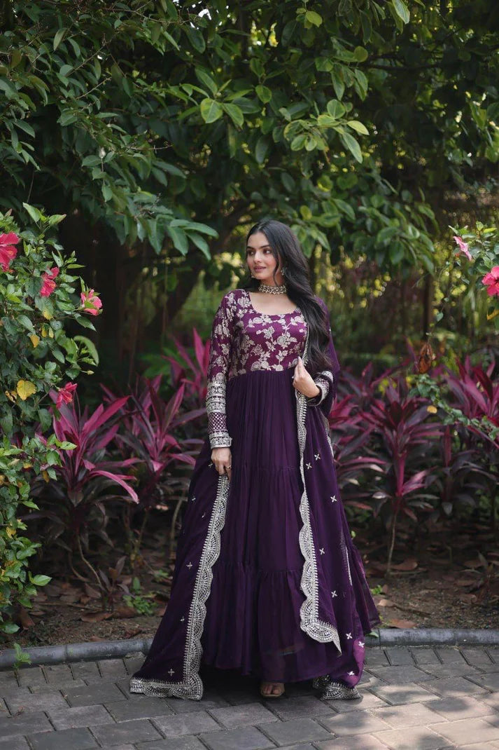 Dixz Fashion Designer Faux Blooming & Viscose Jacquard Frill Gown with Sequins Embroidered Dupatta
