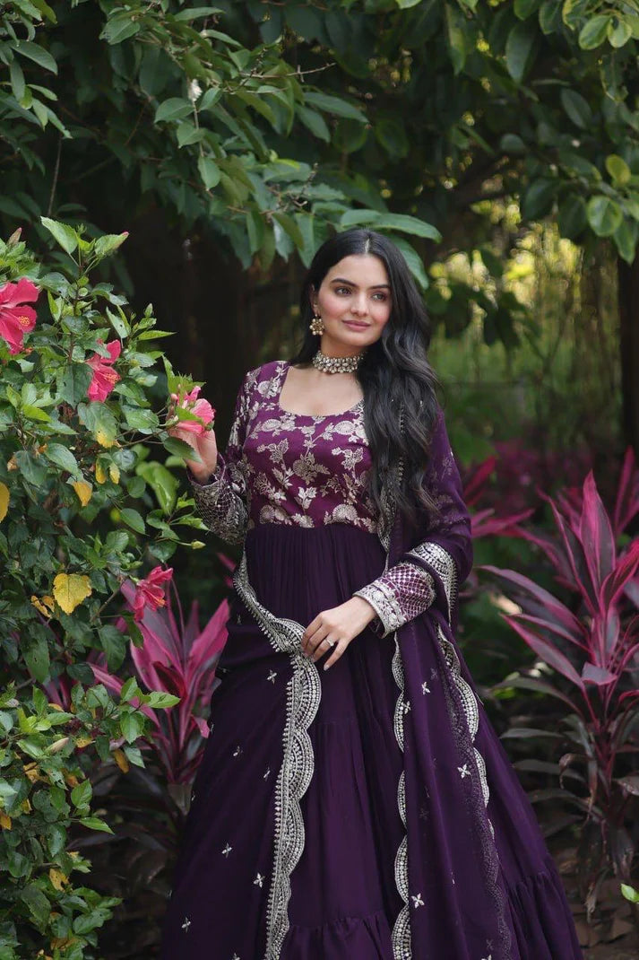 Dixz Fashion Designer Faux Blooming & Viscose Jacquard Frill Gown with Sequins Embroidered Dupatta