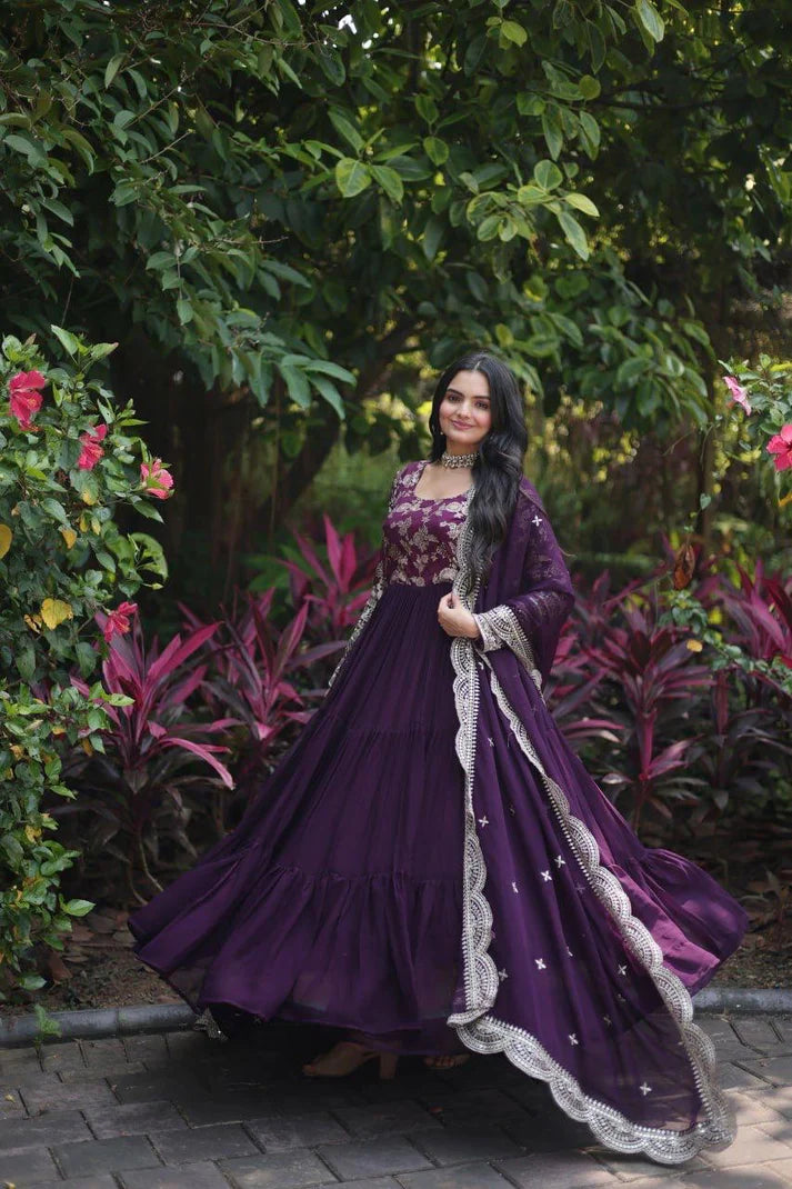 Dixz Fashion Designer Faux Blooming & Viscose Jacquard Frill Gown with Sequins Embroidered Dupatta
