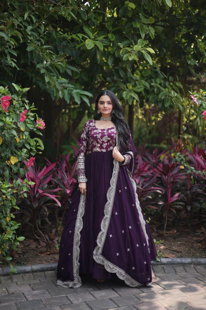 Dixz Fashion Designer Faux Blooming & Viscose Jacquard Frill Gown with Sequins Embroidered Dupatta