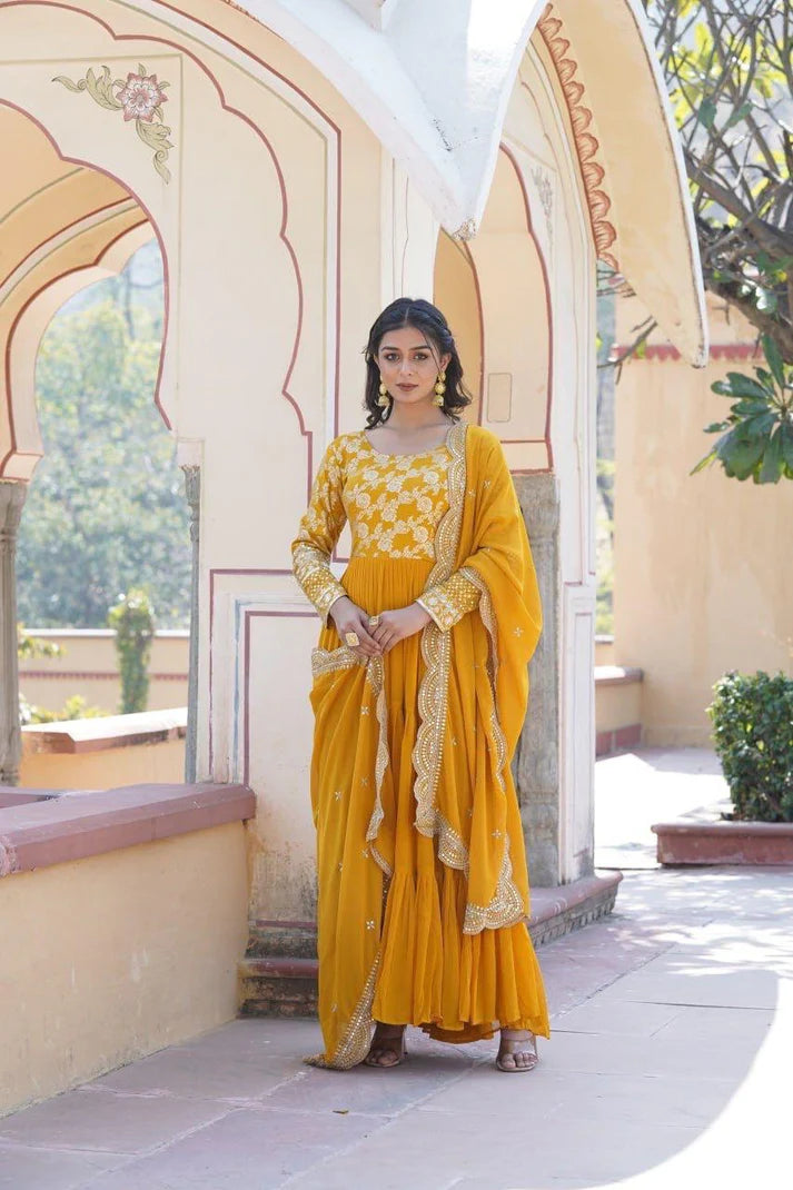 Dixz Fashion Designer Faux Blooming & Viscose Jacquard Frill Gown with Sequins Embroidered Dupatta