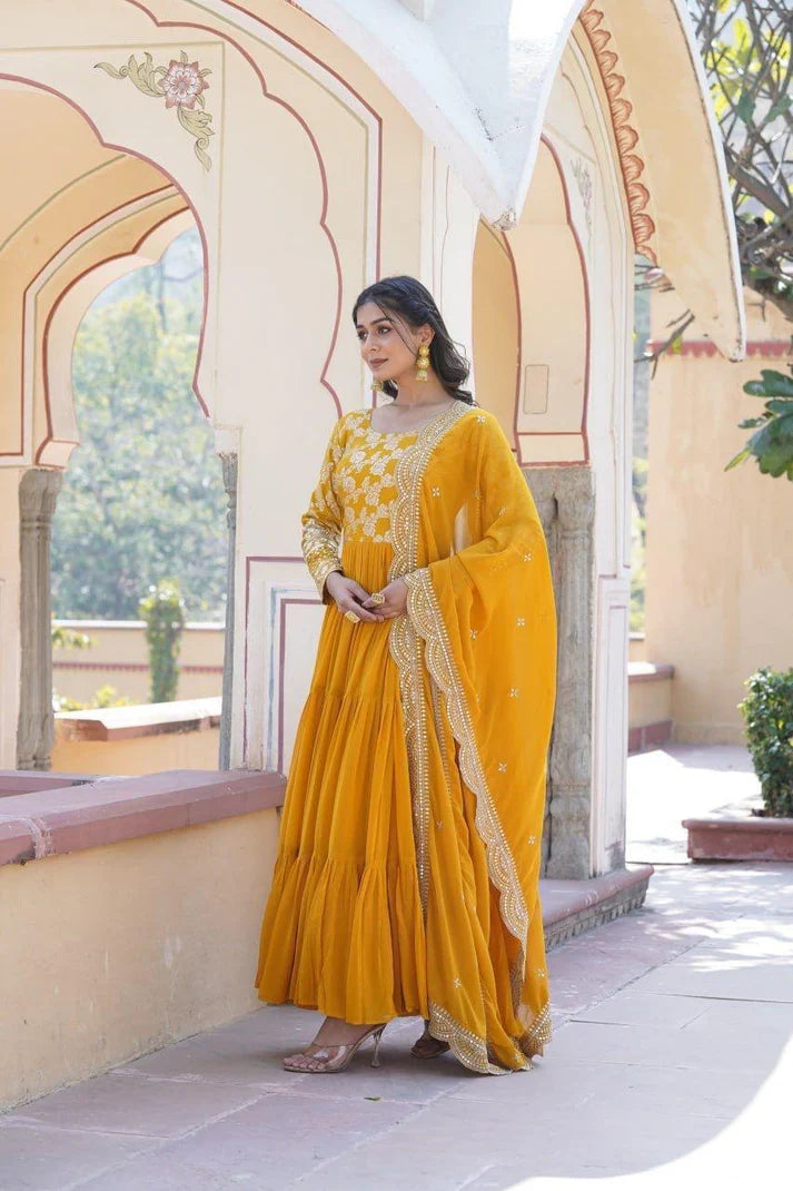 Dixz Fashion Designer Faux Blooming & Viscose Jacquard Frill Gown with Sequins Embroidered Dupatta