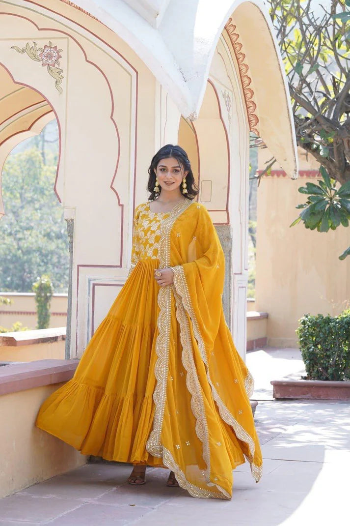 Dixz Fashion Designer Faux Blooming & Viscose Jacquard Frill Gown with Sequins Embroidered Dupatta