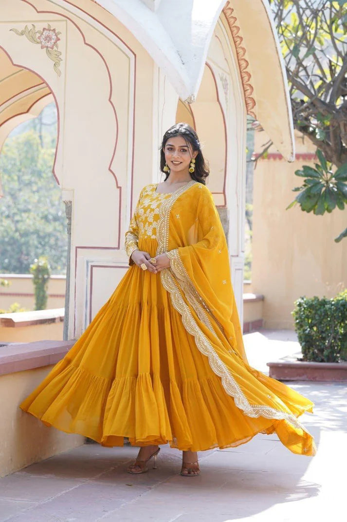 Dixz Fashion Designer Faux Blooming & Viscose Jacquard Frill Gown with Sequins Embroidered Dupatta