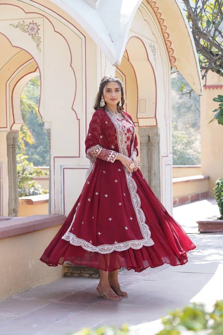 Dixz Fashion Designer Faux Blooming & Viscose Jacquard Frill Gown with Sequins Embroidered Dupatta