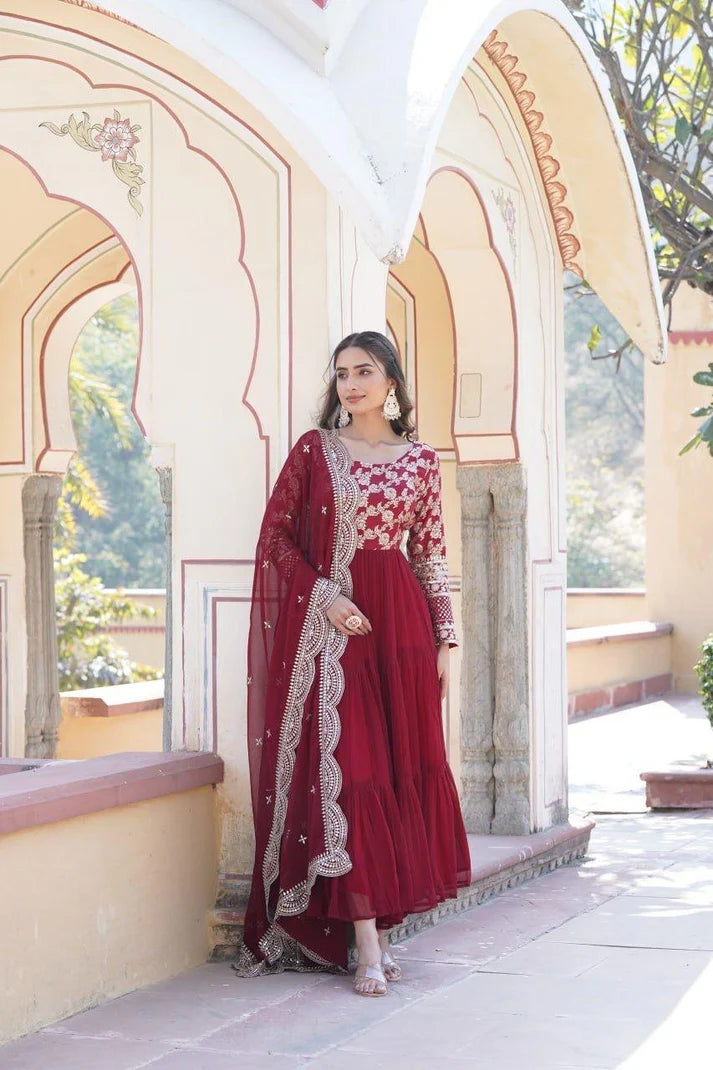 Dixz Fashion Designer Faux Blooming & Viscose Jacquard Frill Gown with Sequins Embroidered Dupatta