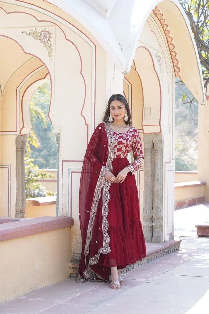 Dixz Fashion Designer Faux Blooming & Viscose Jacquard Frill Gown with Sequins Embroidered Dupatta