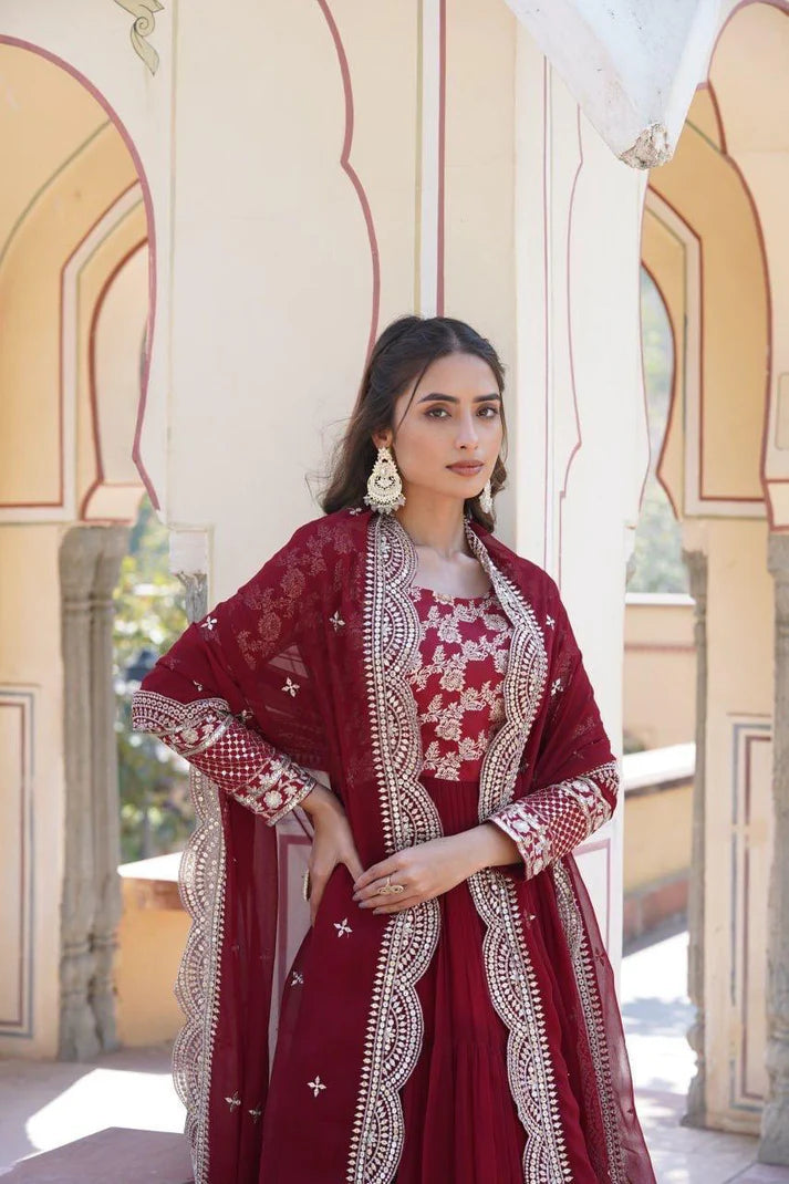 Dixz Fashion Designer Faux Blooming & Viscose Jacquard Frill Gown with Sequins Embroidered Dupatta