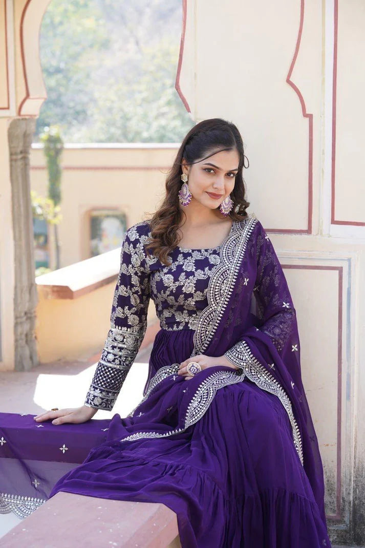 Dixz Fashion Designer Faux Blooming & Viscose Jacquard Frill Gown with Sequins Embroidered Dupatta