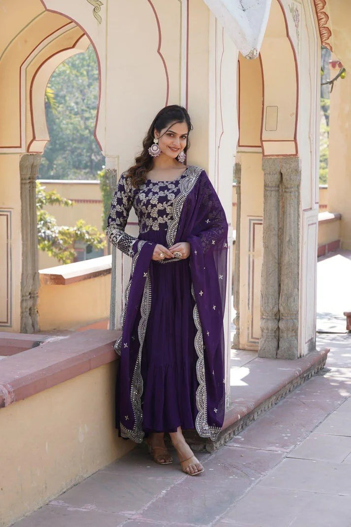Dixz Fashion Designer Faux Blooming & Viscose Jacquard Frill Gown with Sequins Embroidered Dupatta