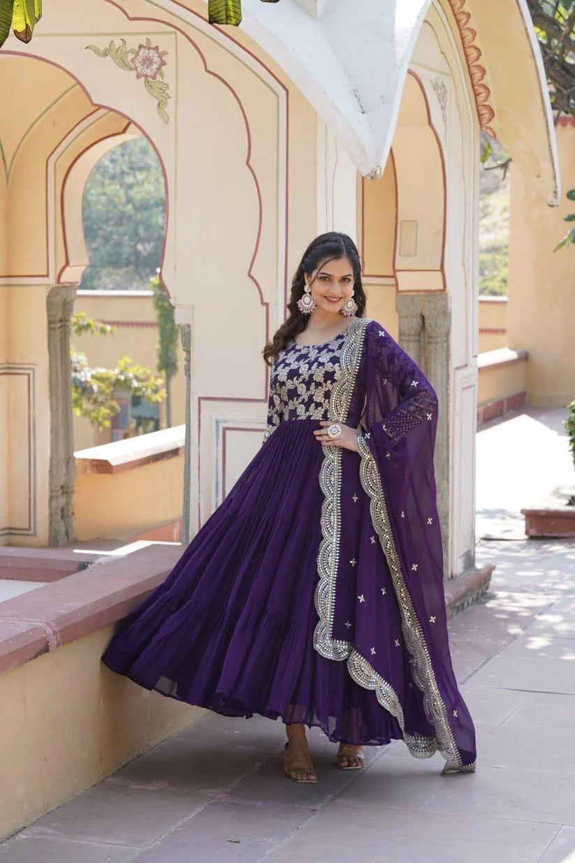 Dixz Fashion Designer Faux Blooming & Viscose Jacquard Frill Gown with Sequins Embroidered Dupatta