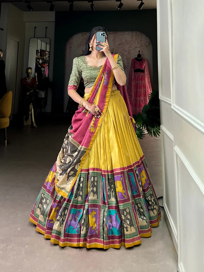DIXZ FASHION KALAMKARI TUSSAR SILK LEHENGA CHOLI WITH DUPATTA