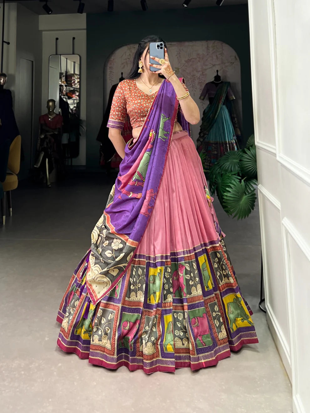 DIXZ FASHION KALAMKARI TUSSAR SILK LEHENGA CHOLI WITH DUPATTA