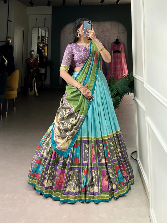 DIXZ FASHION KALAMKARI TUSSAR SILK LEHENGA CHOLI WITH DUPATTA