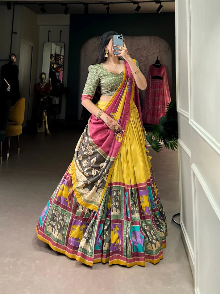 DIXZ FASHION KALAMKARI TUSSAR SILK LEHENGA CHOLI WITH DUPATTA