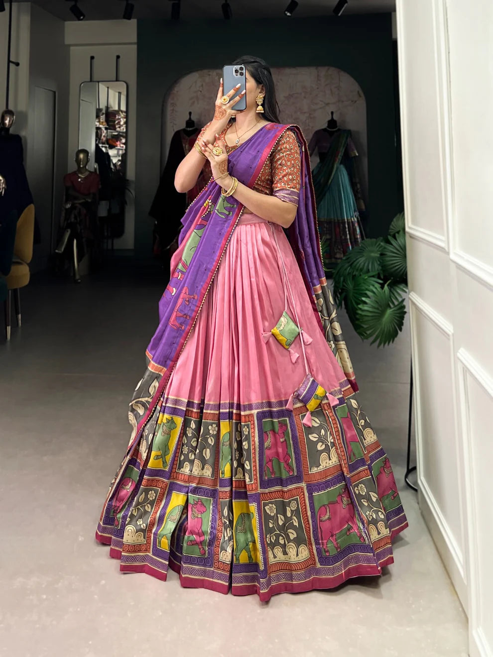 DIXZ FASHION KALAMKARI TUSSAR SILK LEHENGA CHOLI WITH DUPATTA