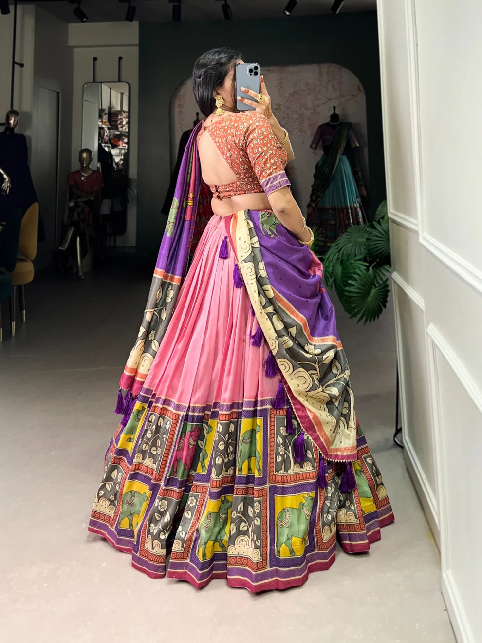 DIXZ FASHION KALAMKARI TUSSAR SILK LEHENGA CHOLI WITH DUPATTA