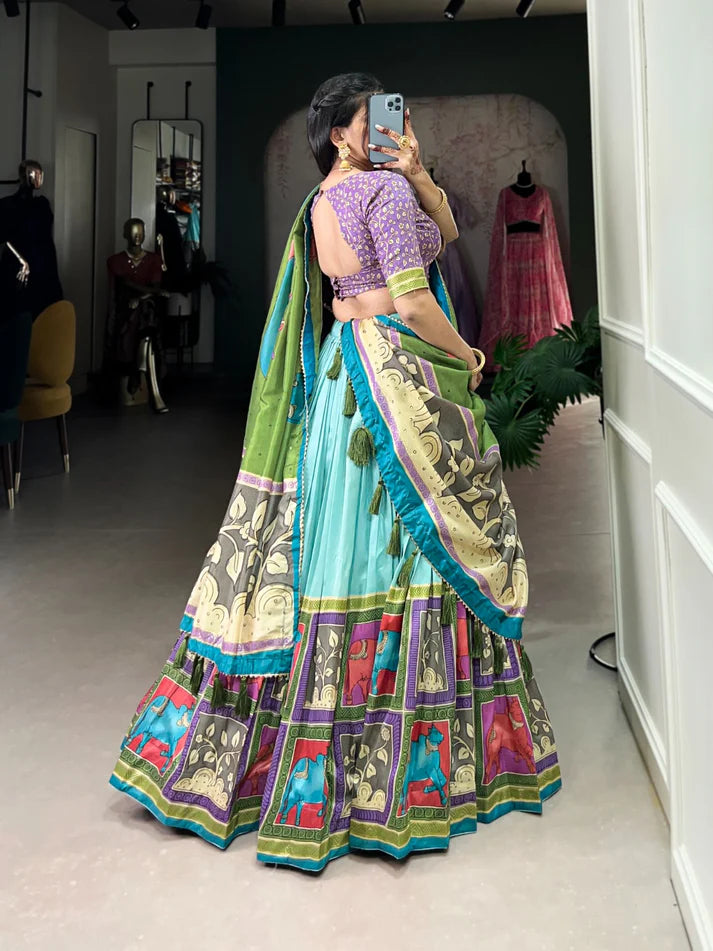 DIXZ FASHION KALAMKARI TUSSAR SILK LEHENGA CHOLI WITH DUPATTA