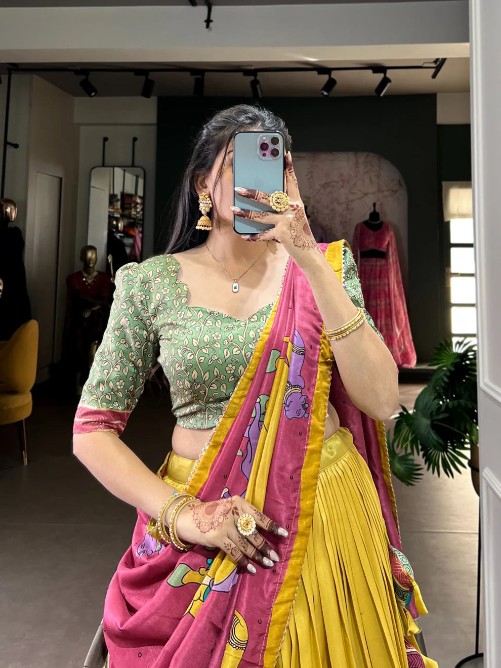 DIXZ FASHION KALAMKARI TUSSAR SILK LEHENGA CHOLI WITH DUPATTA