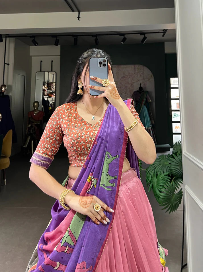 DIXZ FASHION KALAMKARI TUSSAR SILK LEHENGA CHOLI WITH DUPATTA