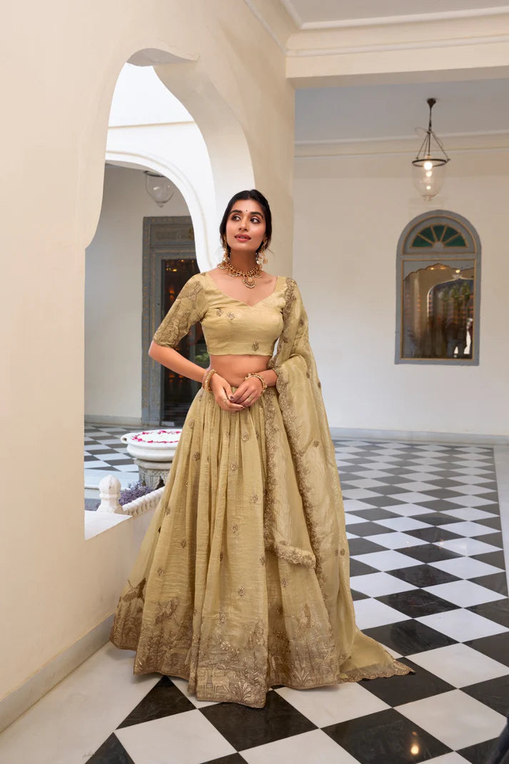 Dixz Fashion Gold Crush Embroidered Lehenga Set with Sequins & Thread Work