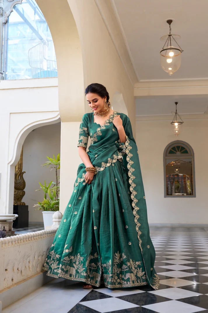 Dixz Fashion Gold Crush Embroidered Lehenga Set with Sequins & Thread Work