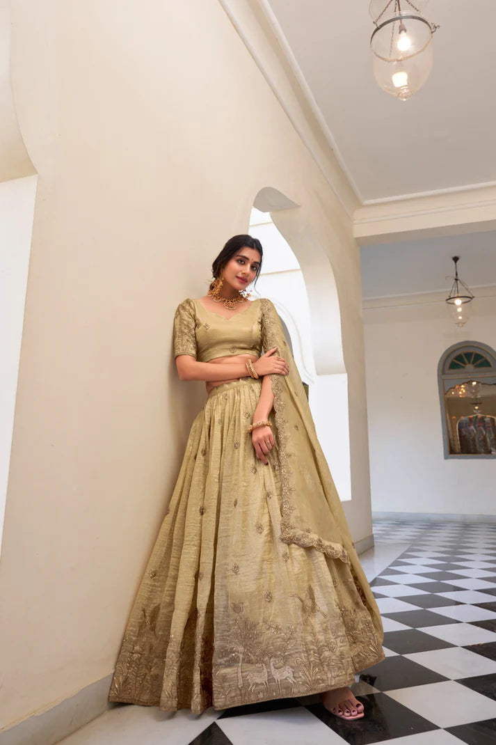 Dixz Fashion Gold Crush Embroidered Lehenga Set with Sequins & Thread Work