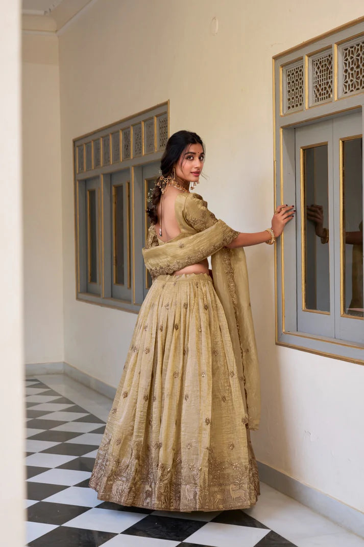 Dixz Fashion Gold Crush Embroidered Lehenga Set with Sequins & Thread Work